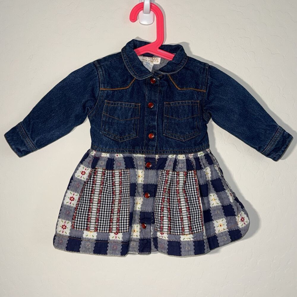 Vintage Baby Beluga Denim Jean Dress Patchwork Pearl Snap Western Size 12 Months